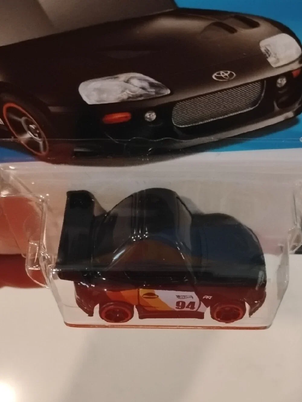Mattel Hot Wheels '94 Toyota Supra Black with Orange and White Racing Graphics